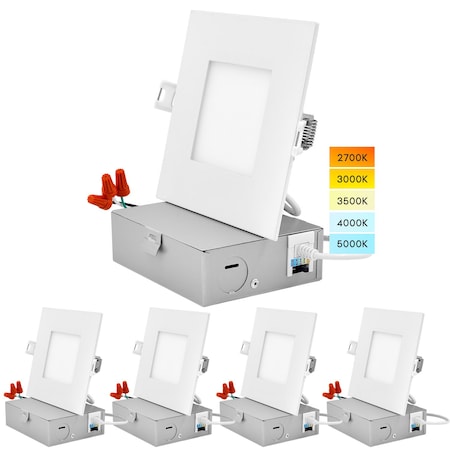 Luxrite 4" Square Ultra Thin LED Recessed Downlights 5 CCT Selectable 2700K-5000K 10W 700LM Dimmable 4-Pack LR23759-4PK